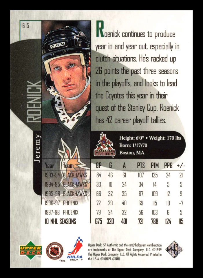 Jeremy Roenick #65 1998-99 SP Authentic Phoenix Coyotes Hockey - Image 2 of 2