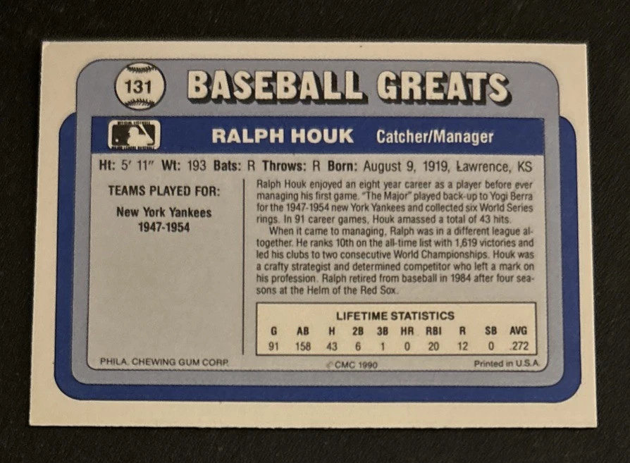 1990 Swell Baseball Greats Ralph Houk cartão 131 Yankees apanhador/gerente Yankees - Imagem 2 de 2