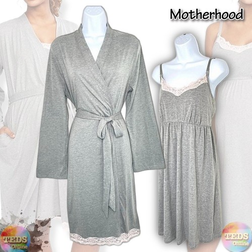 NWT Motherhood Maternity M Lace Inset Nursing Gown & Robe Set 95366 Heather Grey
