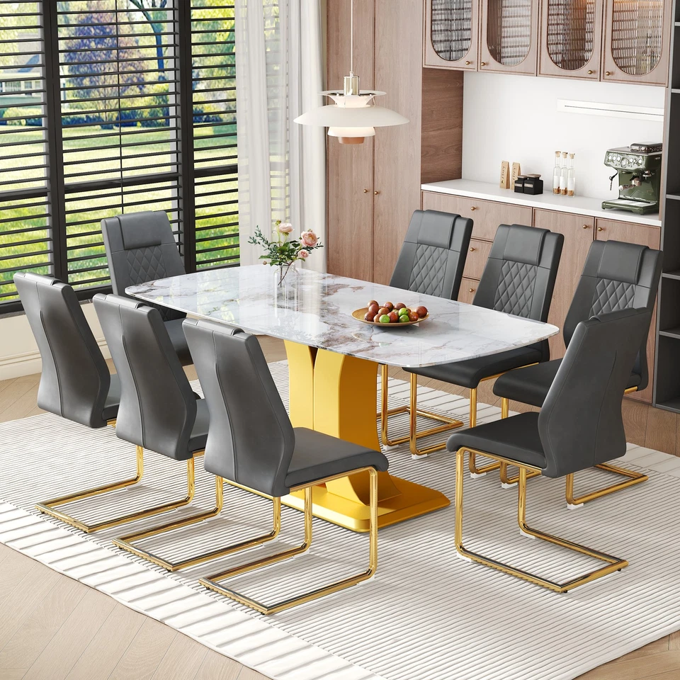 9 Pieces Dining Room Table Set 71 in Glass Faux Marble Kitchen Table 8 PU Chairs - Image 2 of 4