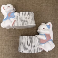 Vtg Burwood Bunny Wall Pocket Set Plaques MCM Rabbit Baskets Y2K Decor