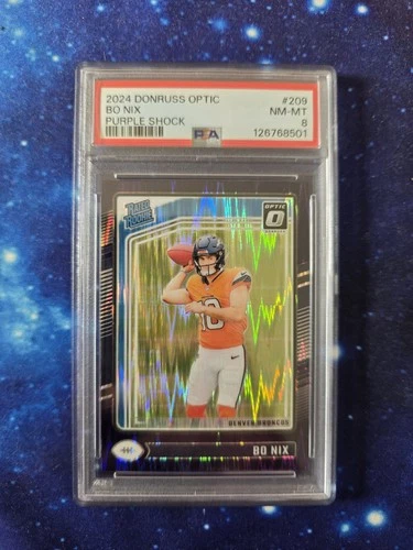 2024 Panini Donruss Optic #209 Bo Nix Purple Shock Prizm Rookie RC PSA 8 NM-Mint