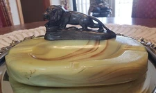 1930s Art Deco Vide Poche - Austrian Cast Lion on Belgian Onyx Tray