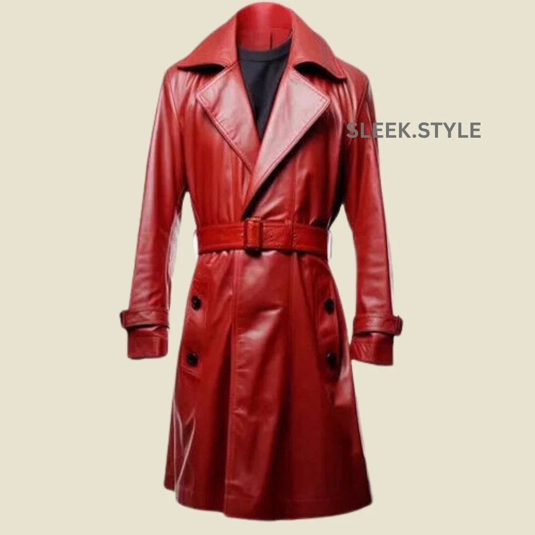Mens LeatherTrench Coat Red Genuine Stylish Handmade Lambskin Collection Wear