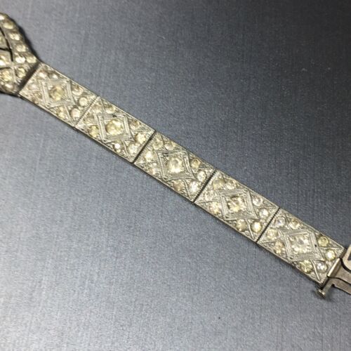 Bracciale antico Art Decò pasta cristallo strass trasparente 7" vintage - Foto 6 di 24