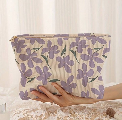 UK Fashion Women Girls Corduroy Floral Heart Star Zip Makeup Travel Storage Bag - Picture 10 of 77