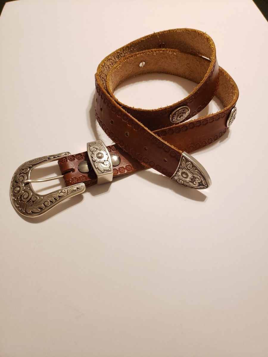 Vintage Hand Made Brown Leather Belt Floral Silver Tone  display picture 1