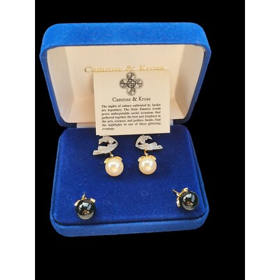 Vintage Camrose & Kross Elegant Faux Pearl & Onyx Stud Earrings Set New in Box
