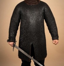 Black Viking Chainmail Shirt, Combat Ready Maile Shirt,9mm Flat With Solid Ring