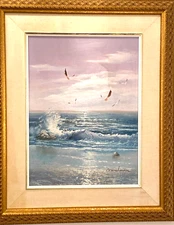 Seascape oil painting with seagulls painter signed Wesselmann, gold Framed