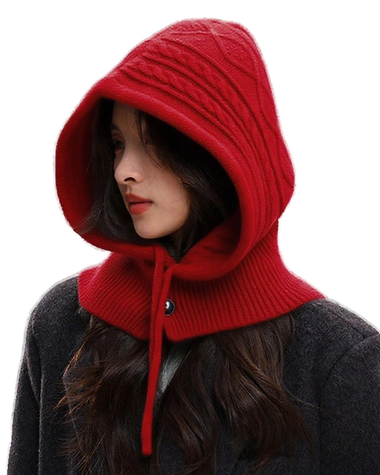 Knitted Balaclava Drawstring Hooded Scarf Hat Womens Beanie Skull Cap Winter ...