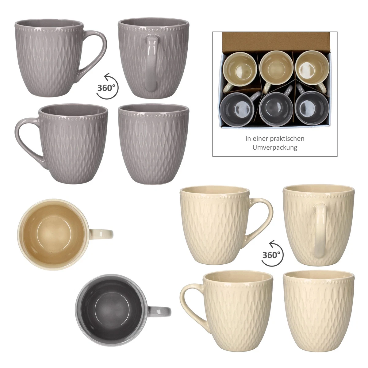 6er Set Biko Kaffeebecher konisch 600ml Keramik Vanille Grau Tee-Tasse Jumbo
