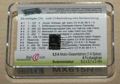 Zimo DCC-Decoder MX615N mit 6-pol. Direktstecker, 0,5A 8,2 x 5,8 x 2 mm