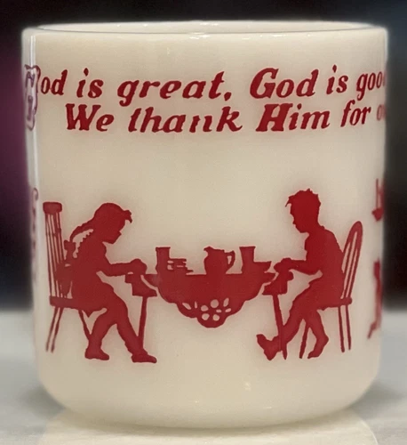 VINTAGE HAZEL ATLAS MILK GLASS GOD IS GREAT, GOD IS GOOD CHILDS PRAYER MUG CUP