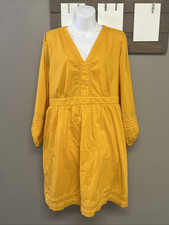 J. Crew Yellow Cotton Eyelet Mini Long Sleeve Pocket Pullover V-Neck Dress Large