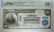 Top Pop 1902 Belle Plaine, Iowa The Citizens National Bank $10 PMG 58 EPQ