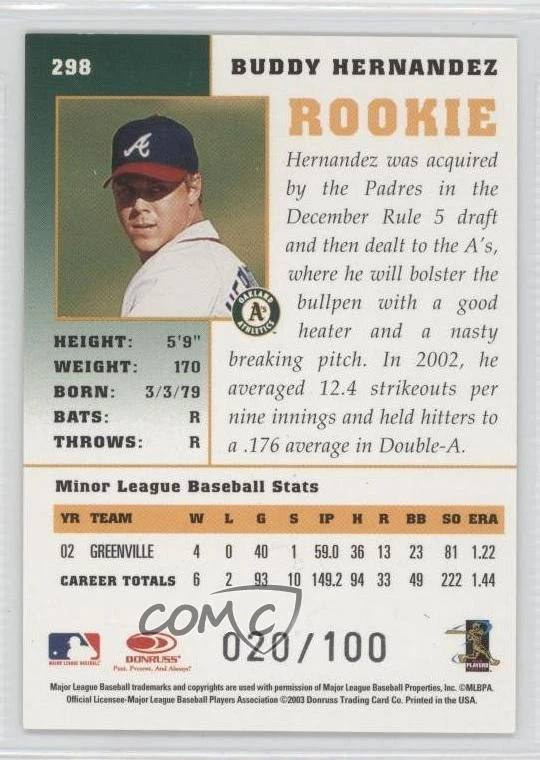 2003 Donruss Champions Metalized /100 Buddy Hernandez #298 Rookie RC - Image 2 of 2