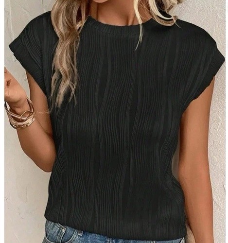 Moshu Womens Wavy Textured Cap Sleeve Top Mock Neck Sz M Black