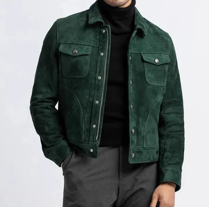 Men’s Dark Green Suede Leather Trucker Jacket Real Lambskin Denim Style coat
Opens in a new window o
