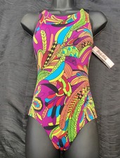 Body Wrappers Black Full Neckline feather pattern 3-Keyholes Back Leotard 12-14C