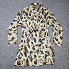 MNG Dress Womens M Beige Animal Print Wrap Shirt Mini Collared Long Sleeve