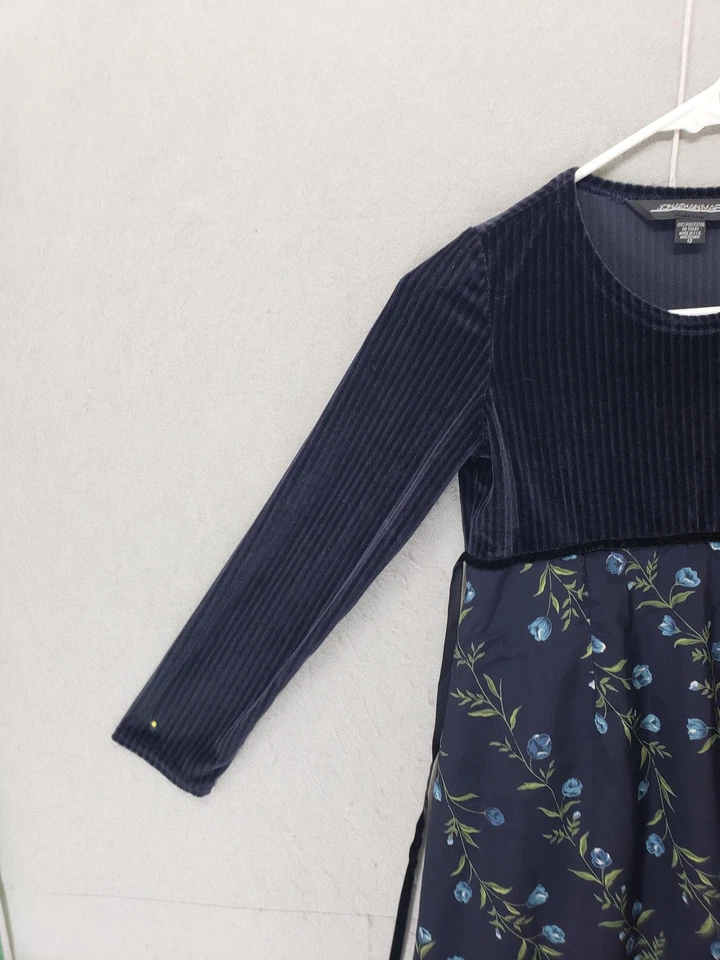 Vestido Jonathan Martin Niñas 12 Azul Marino Terciopelo Manga Larga Floral Midi Cinturón Fiesta Foto 2 de 4