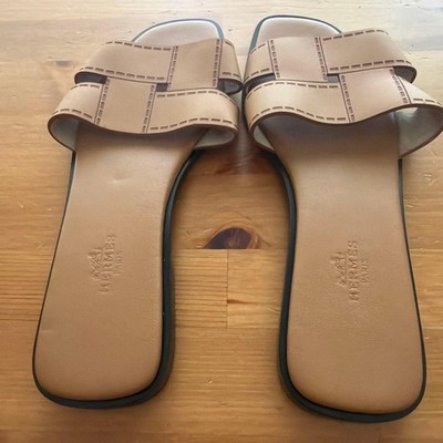 HERMES IDIOMA VEAU NATUREL Leather Sandals 37 Beige Authentic Women