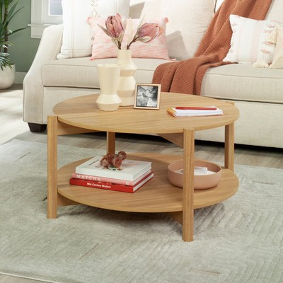 Round Modern Dowel Coffee Table, Natural Teak Finish