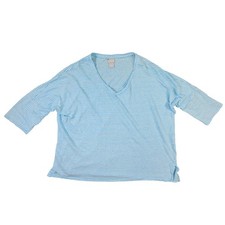 Chico's Striped Top Womens 2 L Blue Excellent 100% Linen 3/4 Sleeve V-Neck