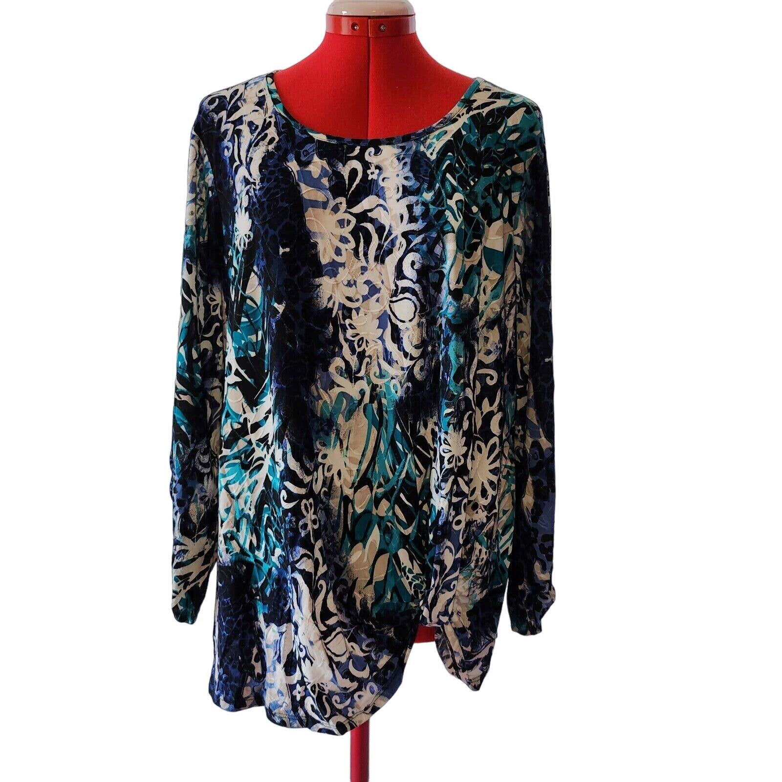 CATO Blue Multi Pattern Pullover Tie Knot long Tu… - image 1