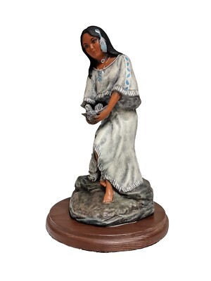 Ceramic Provincial Mold 11'' Native American Woman Holding White Dove Wood Base 