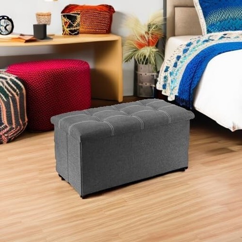 Folding Ottoman Grey Linen Fabric Storage Bench 15x30 Inches Footrest - Picture 8 of 11