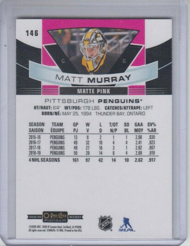 19/20 OPC Platinum Pittsburgh Penguins Matt Murray Matte Pink card #146 - Picture 2 of 2