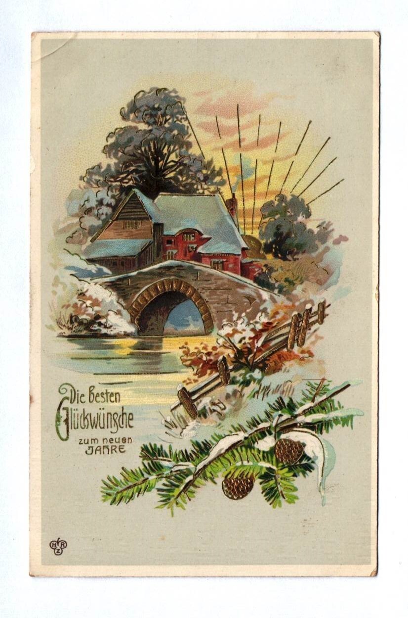 Ak Die besten Glückwünsche zum neuen Jahre Gold geprägt DR Haus mit Brücke
