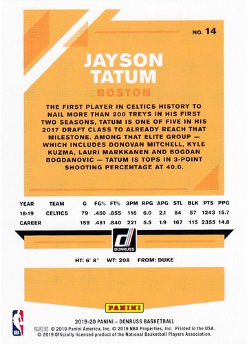 2019-20 DONRUSS JAYSON TATUM BOSTON CELTICS BASKETBALL - B4411 - Picture 2 of 2