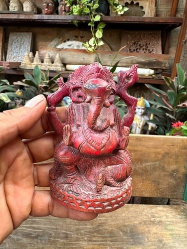 Ancient 1800's Rare Wooden Hand Carved Red Painted Figure God Ganesha 3.5x2" - Picture 5 of 7