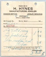 Butte, MT H. Hynes Jeweler / Leys Jewelry 1924 Billhead #769 "Size Set d Ring"