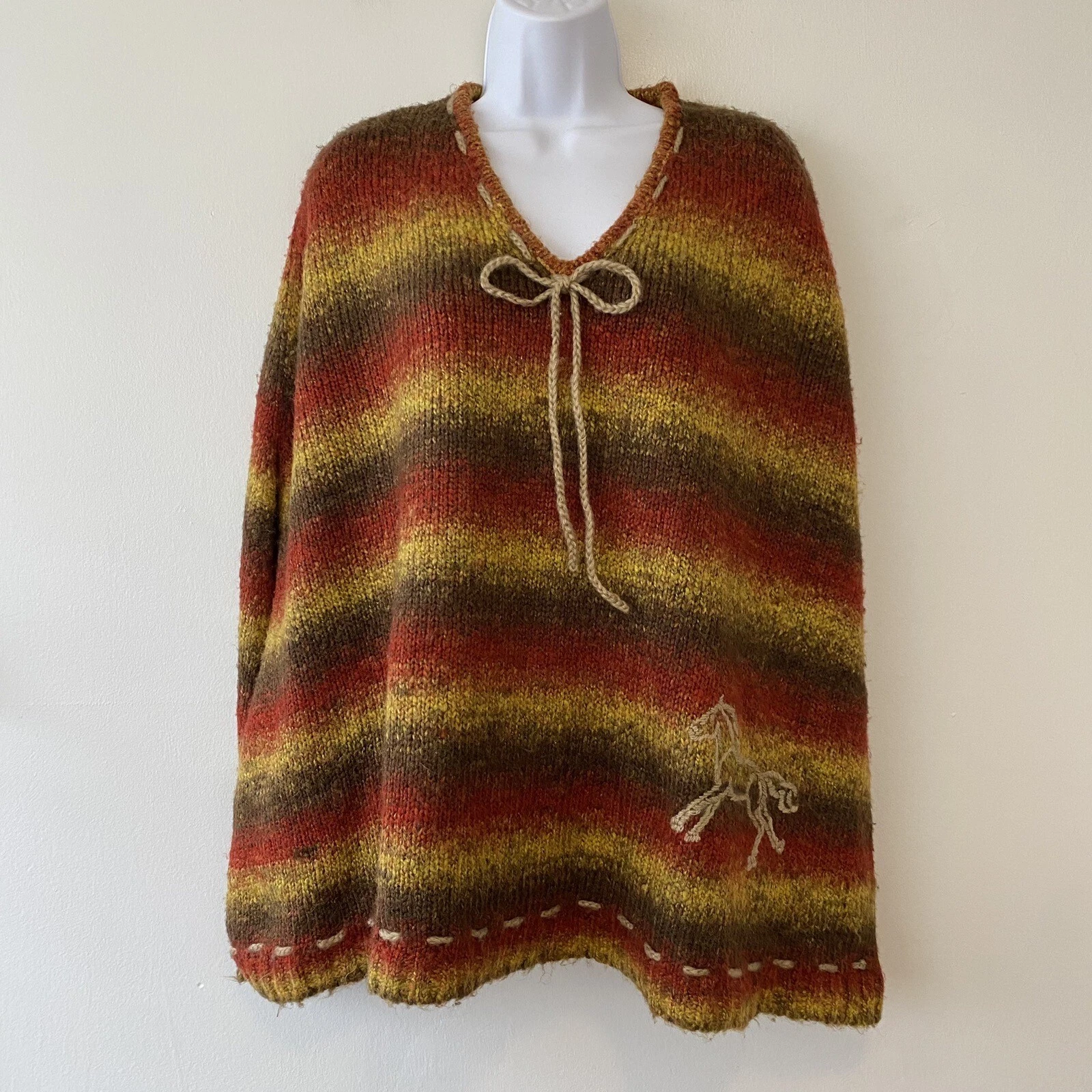 Bit & Bridle Poncho Cape Knit One Size Horse Western Boho Cottage Grandma