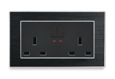 NEW Black Satin Aluminium Screwless Double UK Power Socket Switched Neon LED