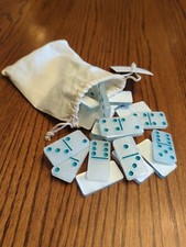 Handmade Double Six Resin Dominoes Blue  White w/glitter