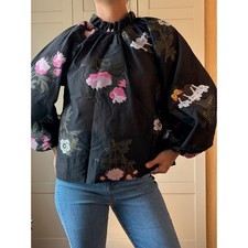 Black Floral Embroidered Sheer Women's Blouse Balloon Sleeve Fairy Whimsigoth S