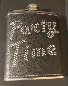 Party Time Flask Stainless Steel Liquor Alcohol Attached Screw On Cap 6 oz
