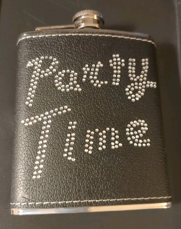 Party Time Flask Stainless Steel Liquor Alcohol Attached Screw On Cap 6 oz