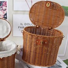 Woven Storage Basket Farmhouse Rural with Handle and Lid Portable Organizer for