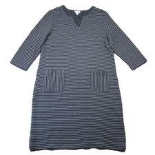 J Jill Shift Dress L Tall Navy Striped Split V-Neck 3/4 Sleeve Lagenlook Preppy