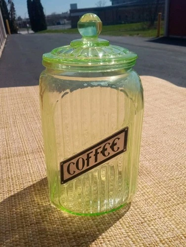 Depression Hocking 1930’s Uranium Vaseline Glass Large Canister With Lid 8½"