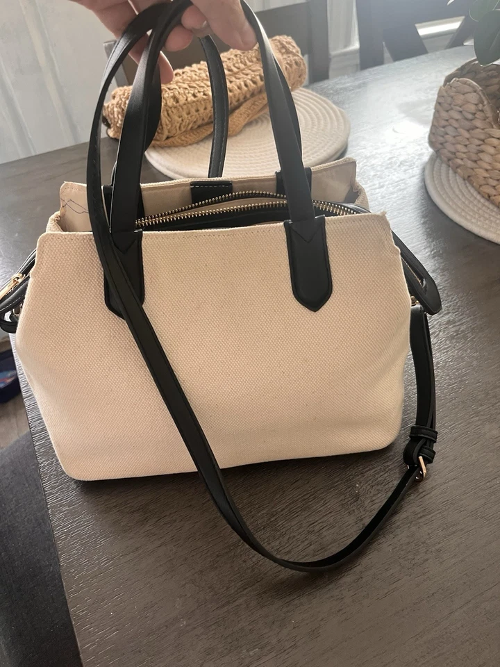 Canvas Tote Handbag with Black Leather Trim Structured Crossbody Shoulder Bag - Image 4 of 4