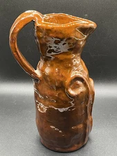 Handmade Redware Pottery Pitcher 9" Signed Rustic Decor Brutalist Vintage