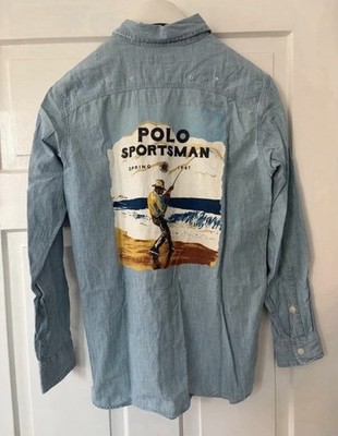 Polo Ralph Lauren Chambray Workshirt Denim Sportsman Backprint Men s S Small