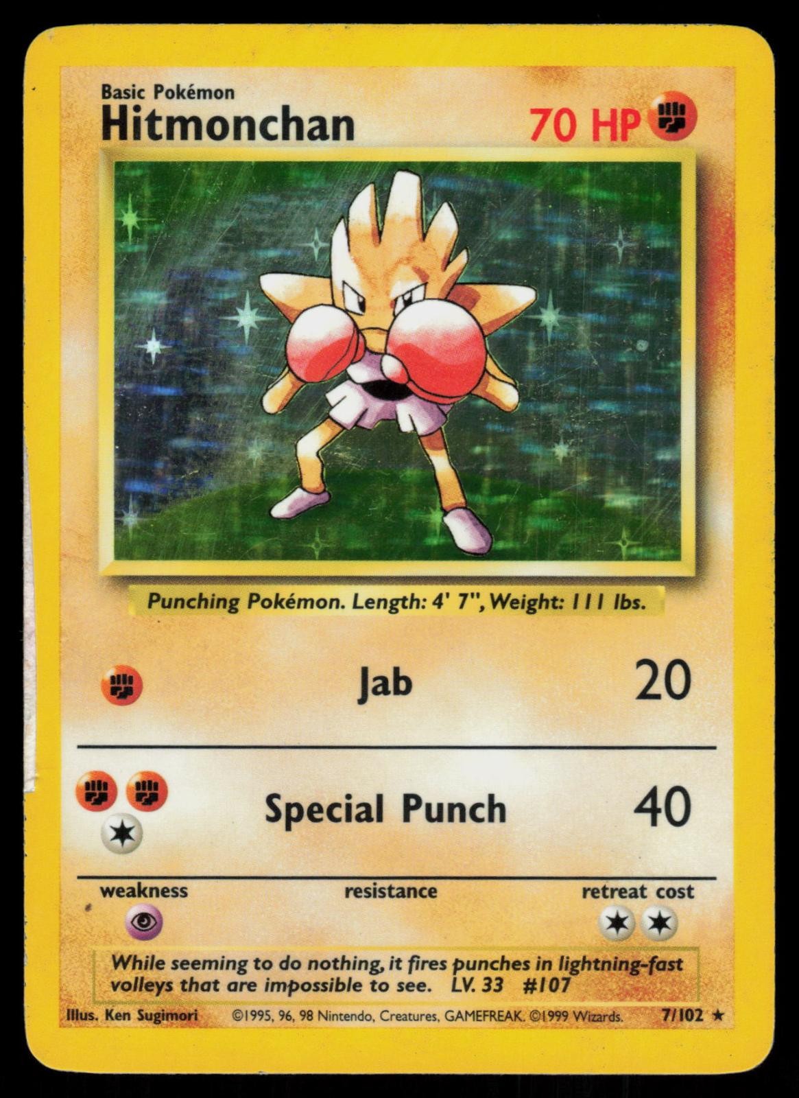 HITMONCHAN 7/102 HOLO BASE SET UNLIMITED DMG